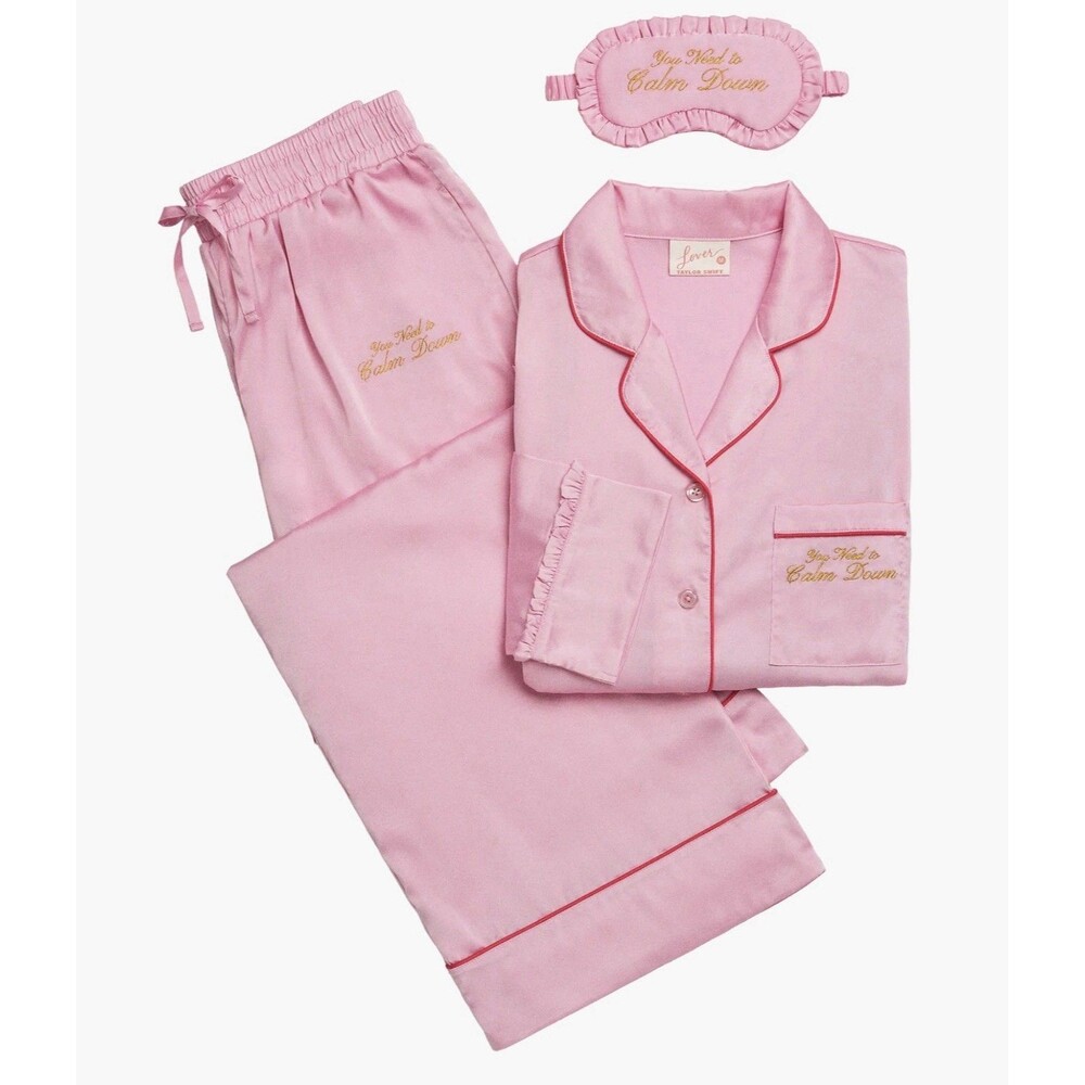 Taylor Swift YOU NEED TO CALM DOWN Satin Pajama Set & Mask Sz Top M & Pant S New